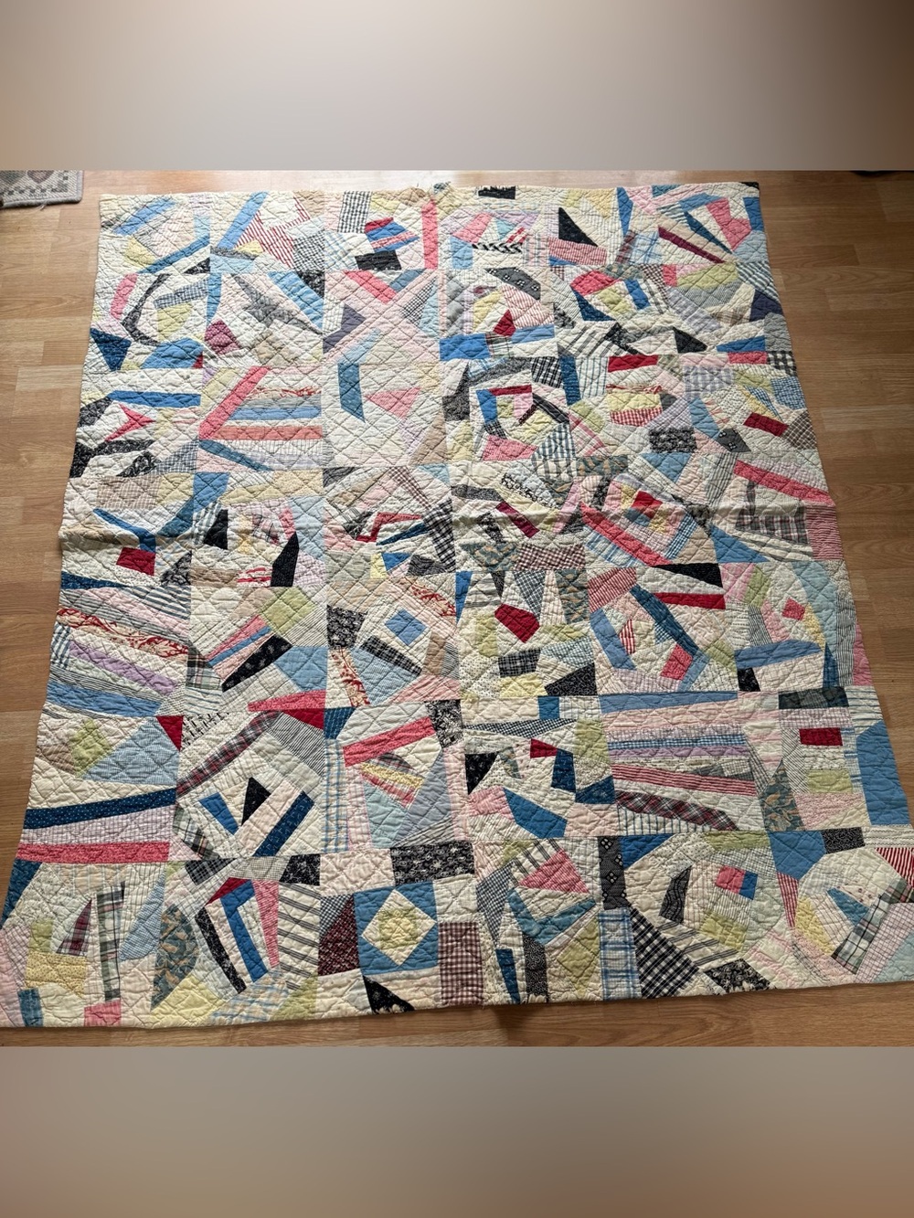 Antique Primitive Farmhouse Cotton “Crazy” Quilt 73x62